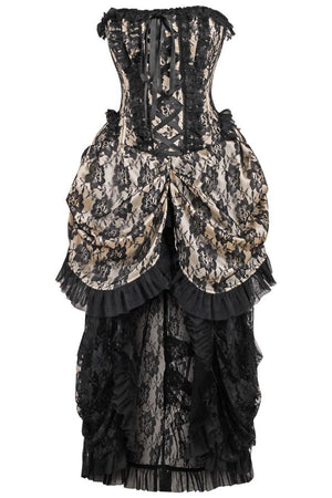 Top Drawer Steel Boned Cream w/Black Lace Bustle Corset Dress

