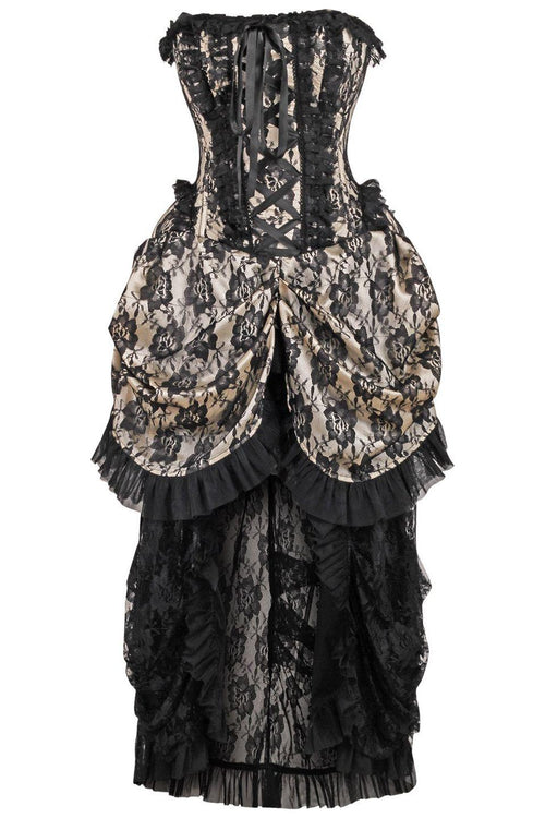 Top Drawer Steel Boned Cream w/Black Lace Bustle Corset Dress
