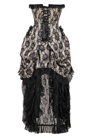 Top Drawer Steel Boned Cream w/Black Lace Bustle Corset Dress
