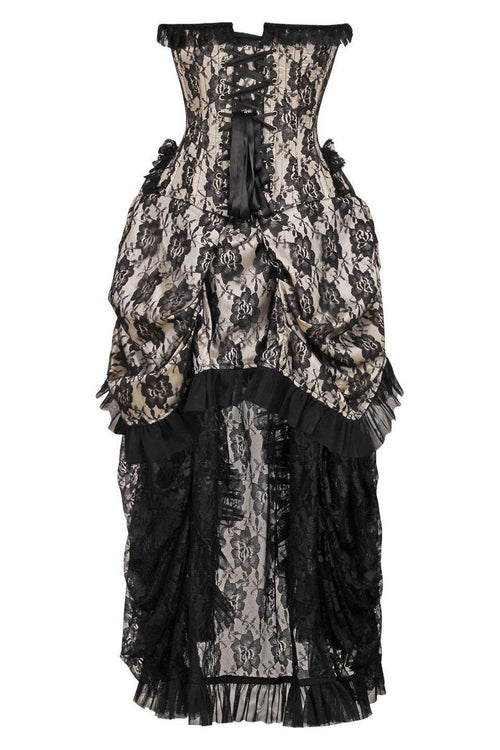 Top Drawer Steel Boned Cream w/Black Lace Bustle Corset Dress
