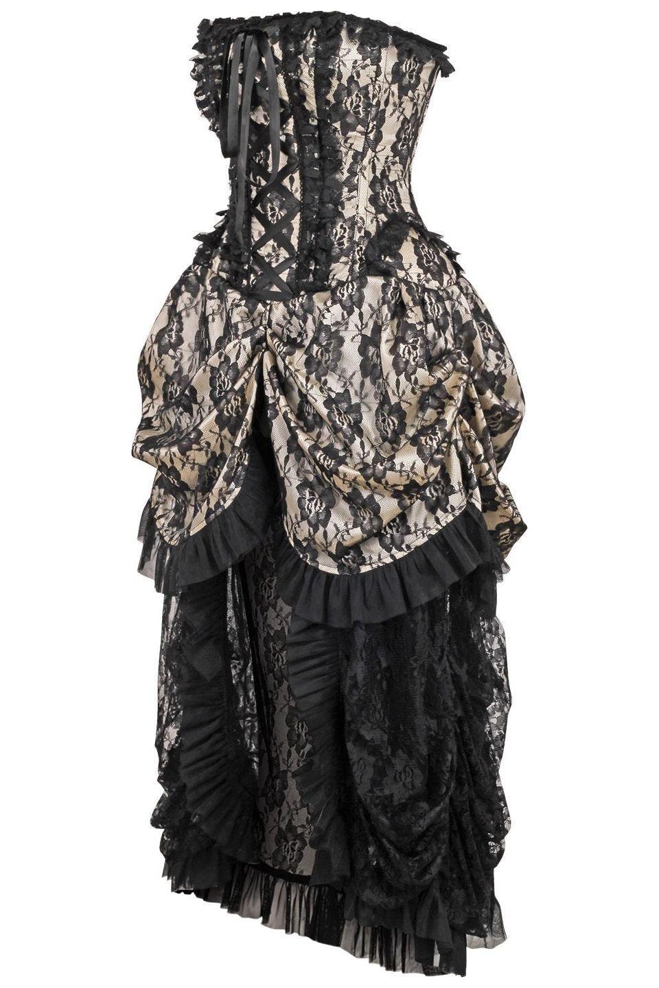 Top Drawer Steel Boned Cream w/Black Lace Bustle Corset Dress
