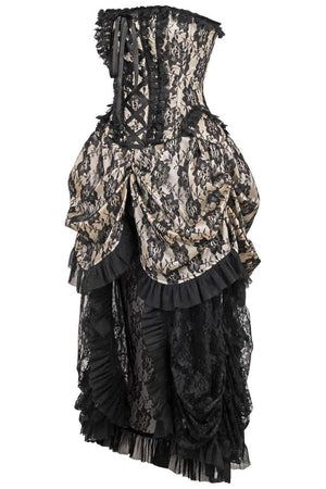 Top Drawer Steel Boned Cream w/Black Lace Bustle Corset Dress
