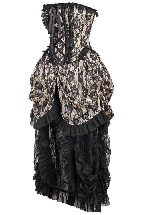 Top Drawer Steel Boned Cream w/Black Lace Bustle Corset Dress
