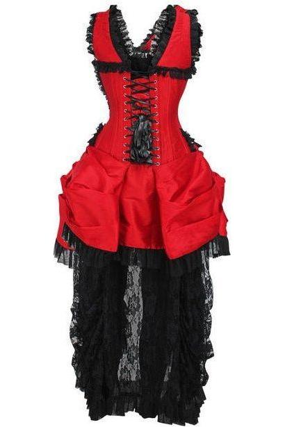 Top Drawer Steel Boned Red/Black Lace Victorian Bustle Corset Dress