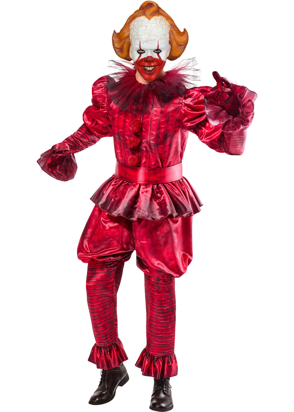 Clown costume with red and white makeup on a white background