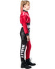 Person wearing a red and black outfit with 'Harley' branding on a white background