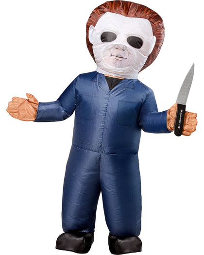 Inflatable figure of a character in a blue jumpsuit with a white mask and brown hair, holding a knife.
