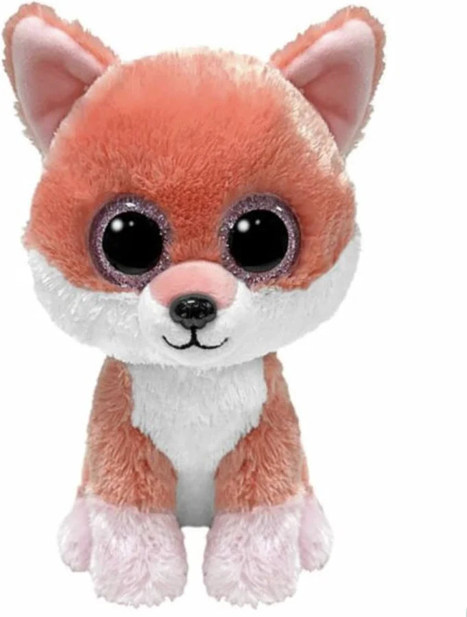 Plush toy fox with large eyes on a white background
