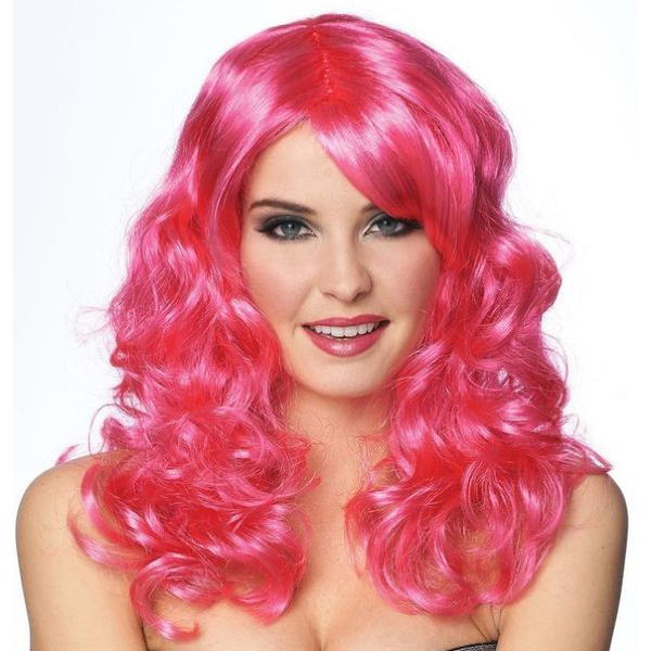 pink curly wig with bangs