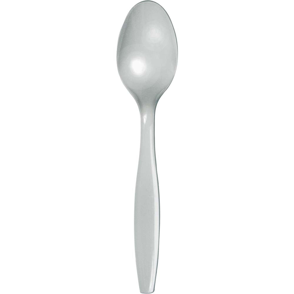 Shimmering Silver Plastic Spoons 24ct  | Solids