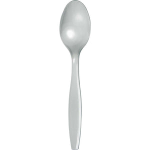 Shimmering Silver Plastic Spoons 24ct  | Solids