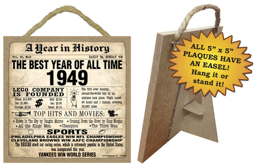 Two wooden plaques with a vintage 1949 theme, one designed to be hung and the other to be displayed with an easel backing, both featuring text and graphics relating to events of 1949.