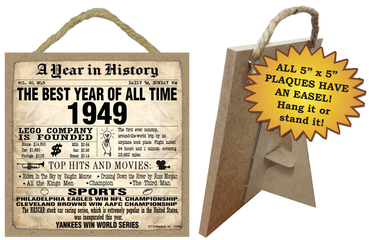Two wooden plaques with a vintage 1949 theme, one designed to be hung and the other to be displayed with an easel backing, both featuring text and graphics relating to events of 1949.
