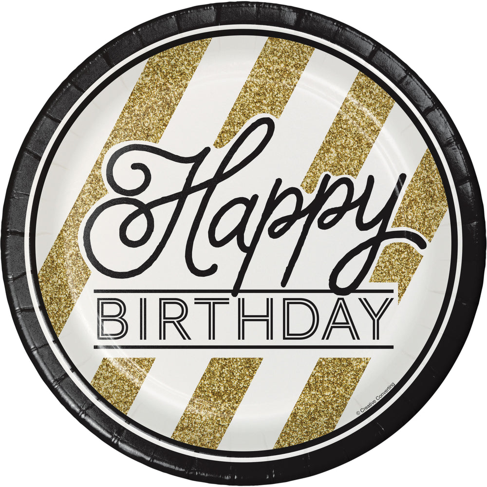 Gold & Black Happy Birthday Paper Plates 9" | Generic Birthday