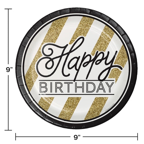 Gold & Black Happy Birthday Paper Plates 9" | Generic Birthday
