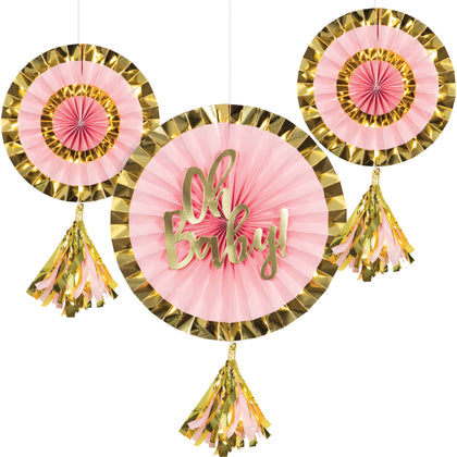 Pink Oh Baby Tassel Fans 3pc | Baby Shower