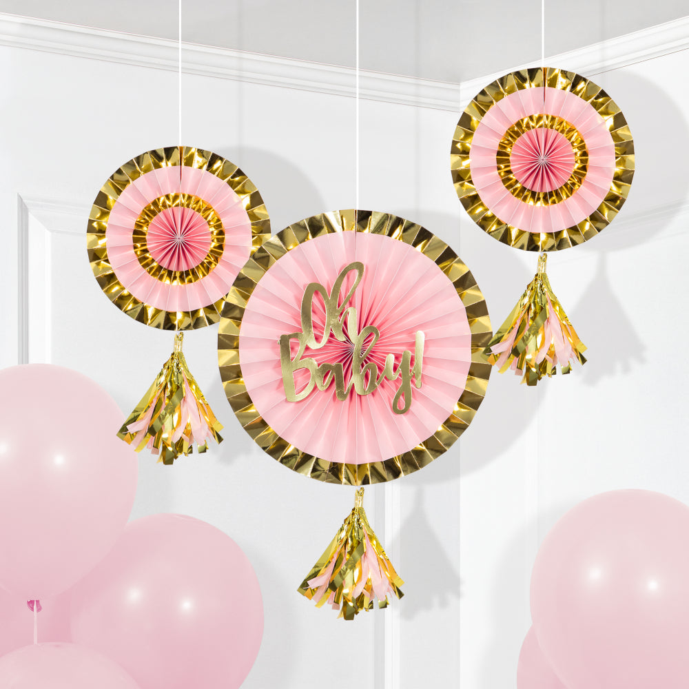 Pink Oh Baby Tassel Fans 3pc | Baby Shower