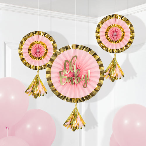Pink Oh Baby Tassel Fans 3pc | Baby Shower