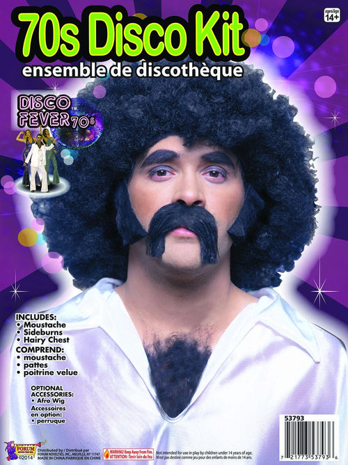 Black mustache, sideburns and chest hair