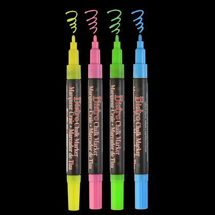 Use fine point Bistro Chalk Markers on chalkboards, light boards, windows, windshields, and most non-porous surfaces. A wonderful way to create chalkboard art to attract attention and increase sales. They are opaque, water based, pigmented, erasable with a damp cloth.  Specifications Pigmented Erasable with a damp cloth 3mm fine point tip Item# 482
