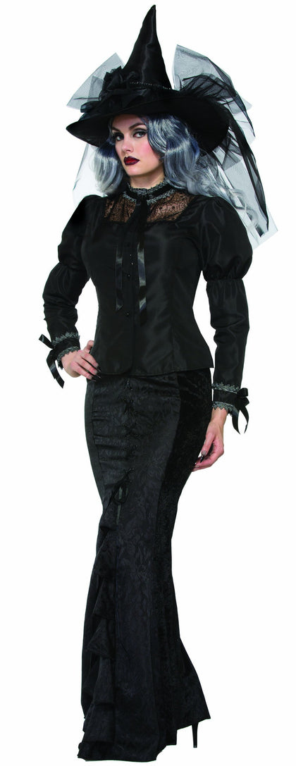 Black with ribbons, grey lace trim on collar and cuffs