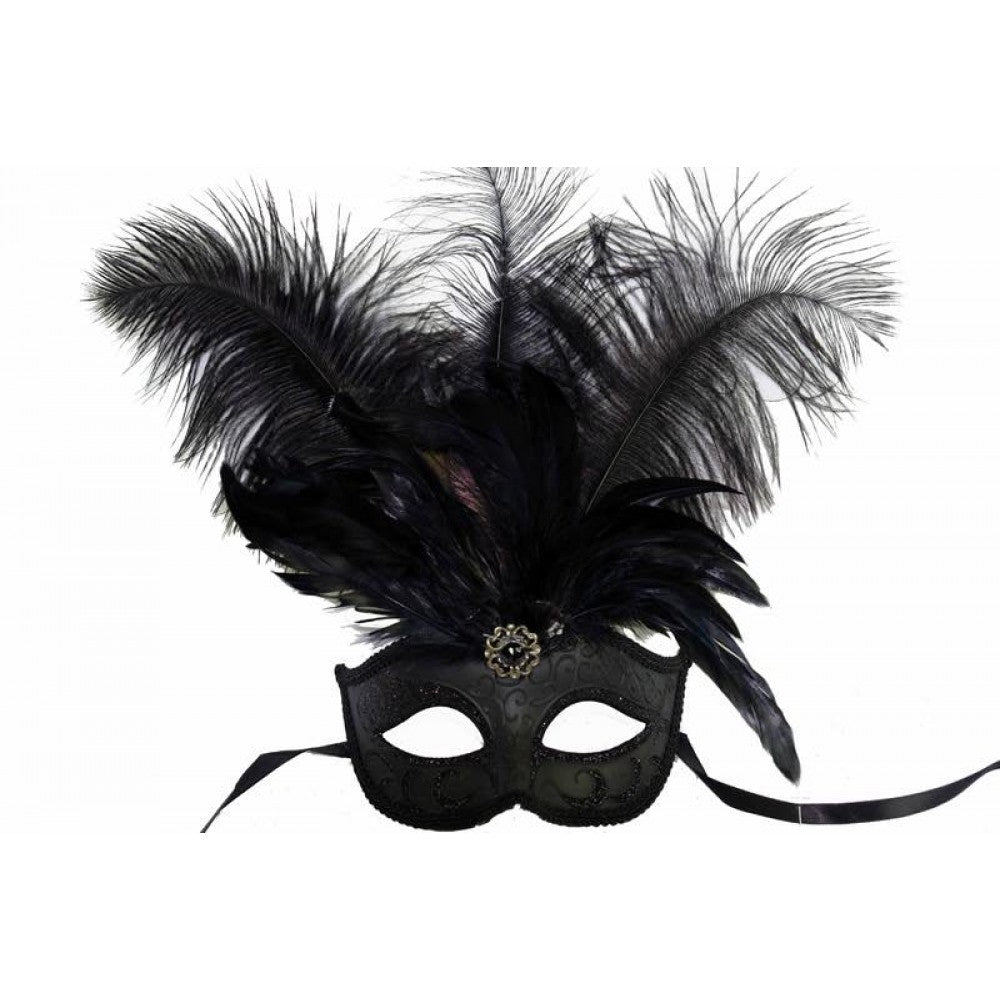 Black Venetian Eye Mask with Feathers