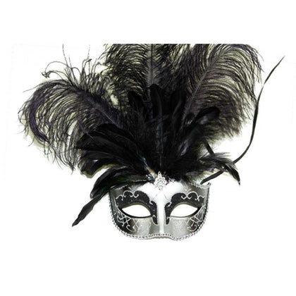Black & Silver Venetian Eye Mask with Feathers