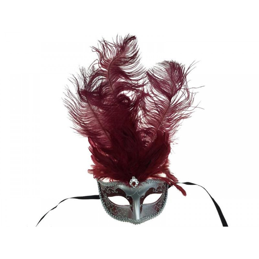 Burgundy & Silver Venetian Eye Mask with Feathers