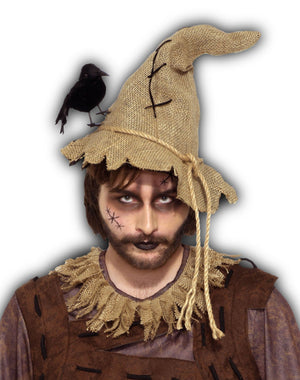 Tall burlap hat with black stitching and rope tie