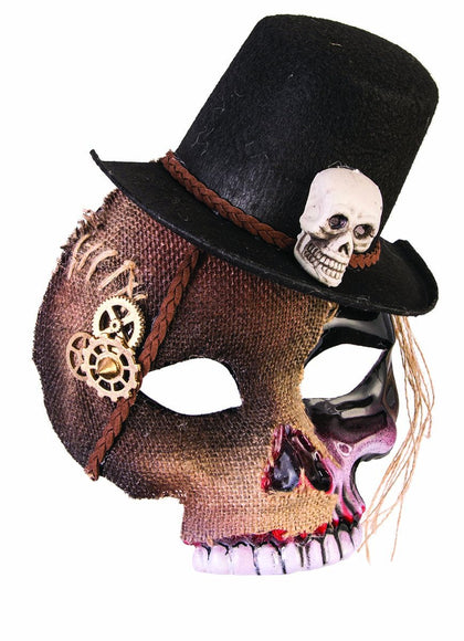 Burlap with gears and black top hat with skull