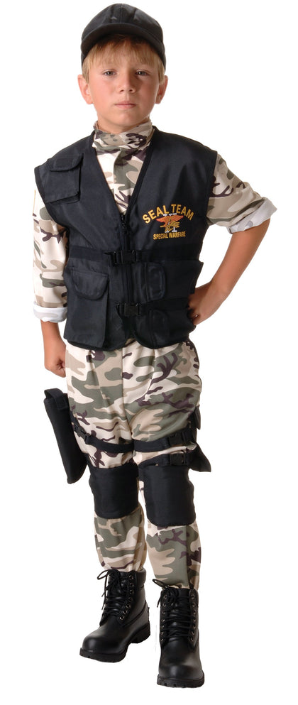 Camo with black vest, knee pads and holster
