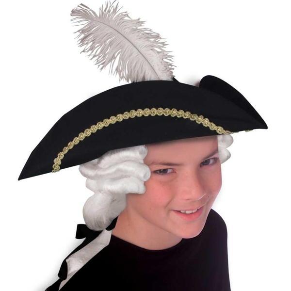 Black tricorn hat with gold trim, wig and feather