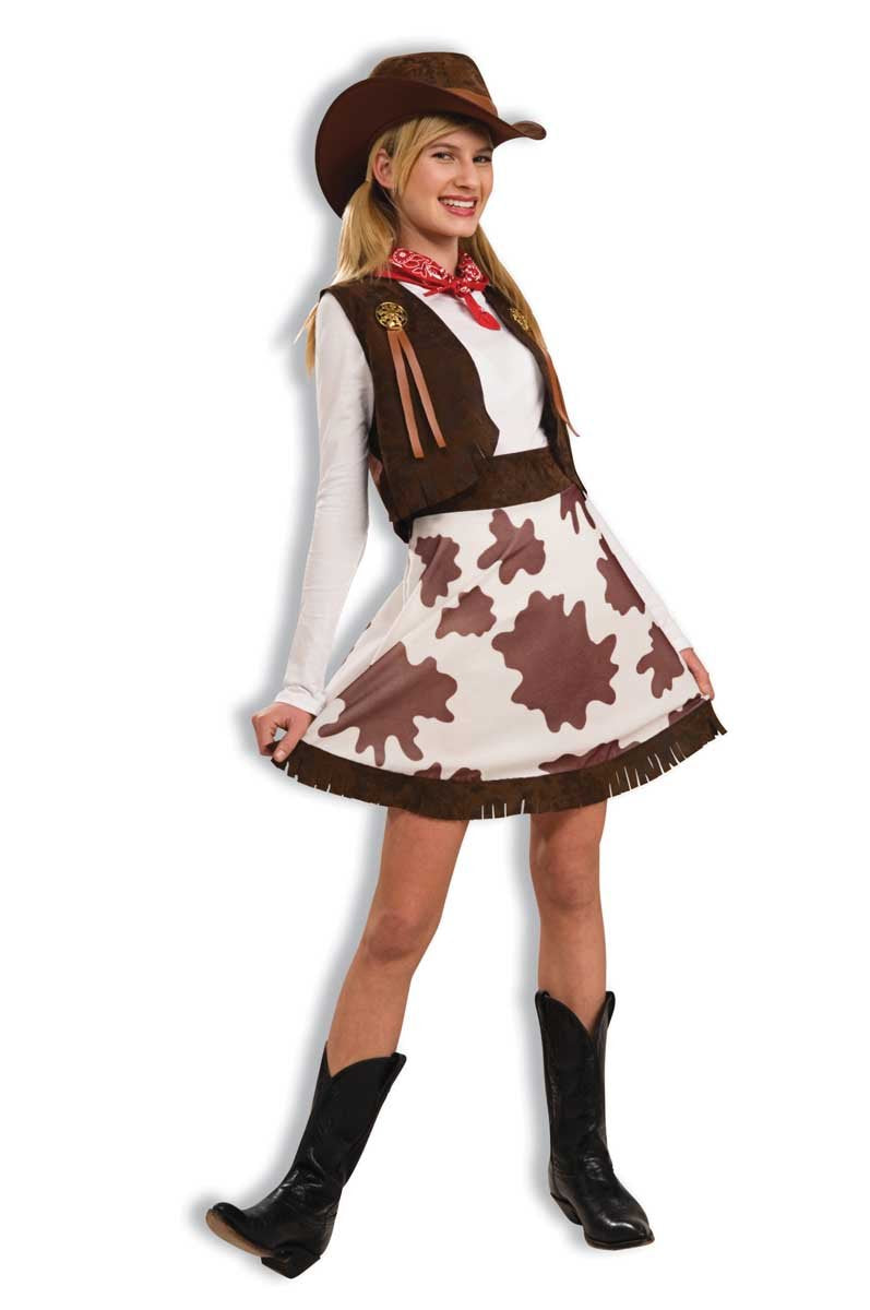 Brown vest, hat and brown trimmed skirt
