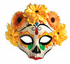 Colorfully painted skull mask with bright material flowers