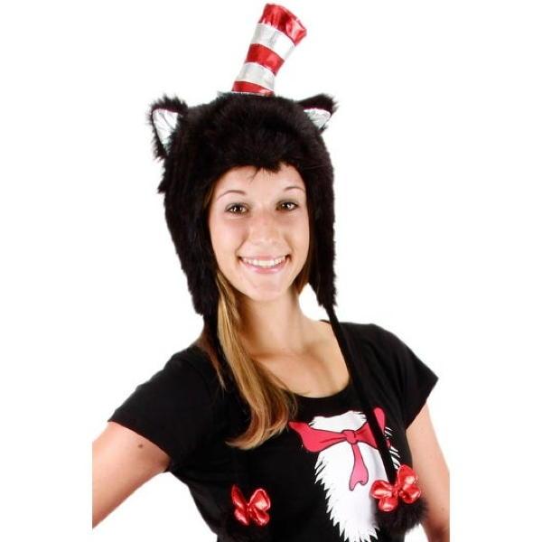 Black cat hood with red and white striped hat