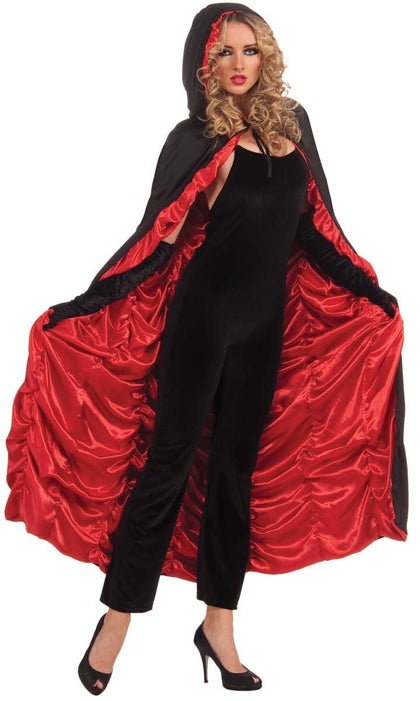 Blacked hooded cape with red draped lining