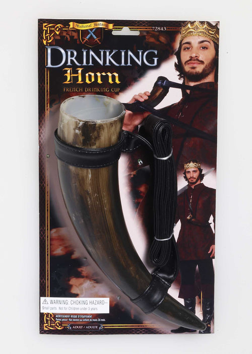 Horn drinking cup with black strap