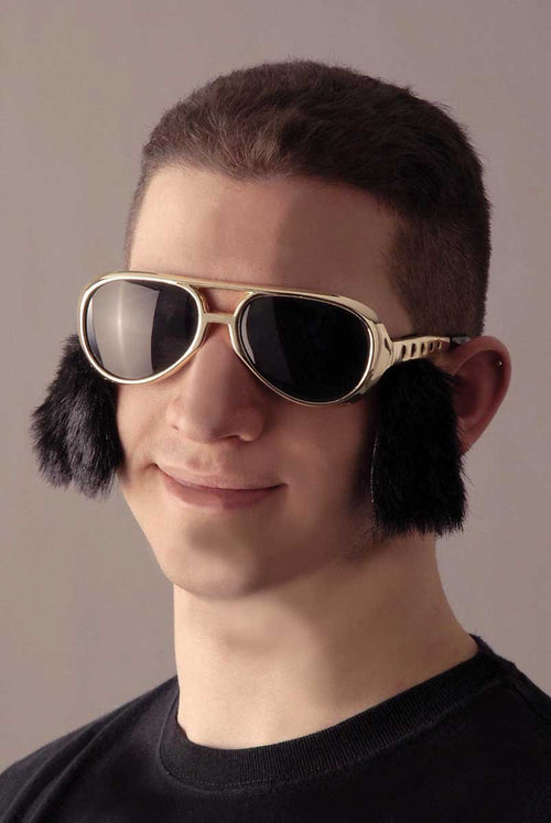 Gold rimmed glasses with attached side burns