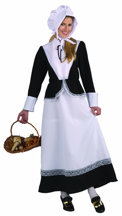 Black and white dress with white bonnet