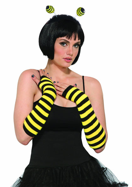 Yellow and black striped fingerless bee gloves
