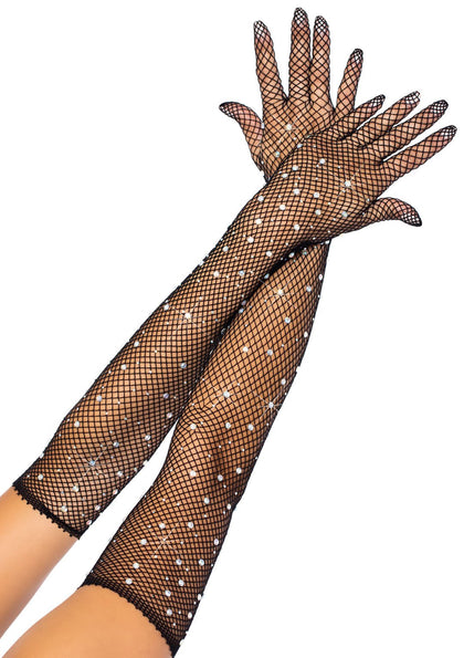 Rhinestone Fishnet Black Gloves