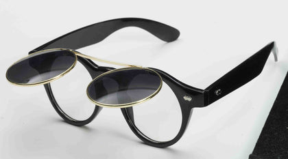 Black rimmed glasses with gold rim flip up tinted lenses