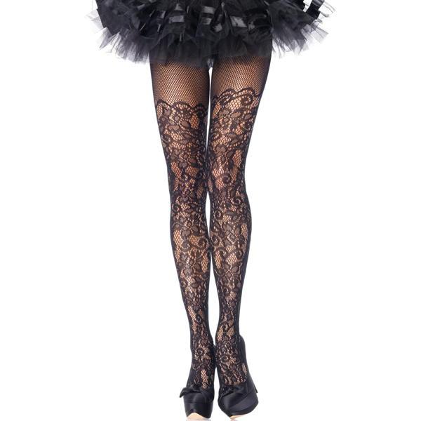 Black Funky Flower Fishnet Lace FOOTLESS TIGHTS XL Pantyhose