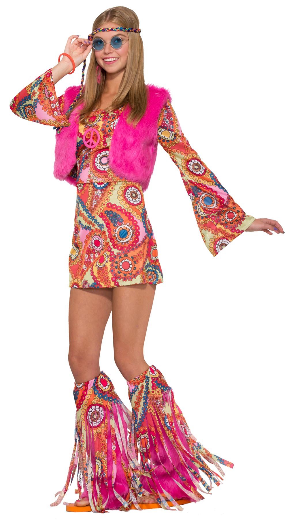 Pink fur vest, hippie dress and fur fringe boot covers