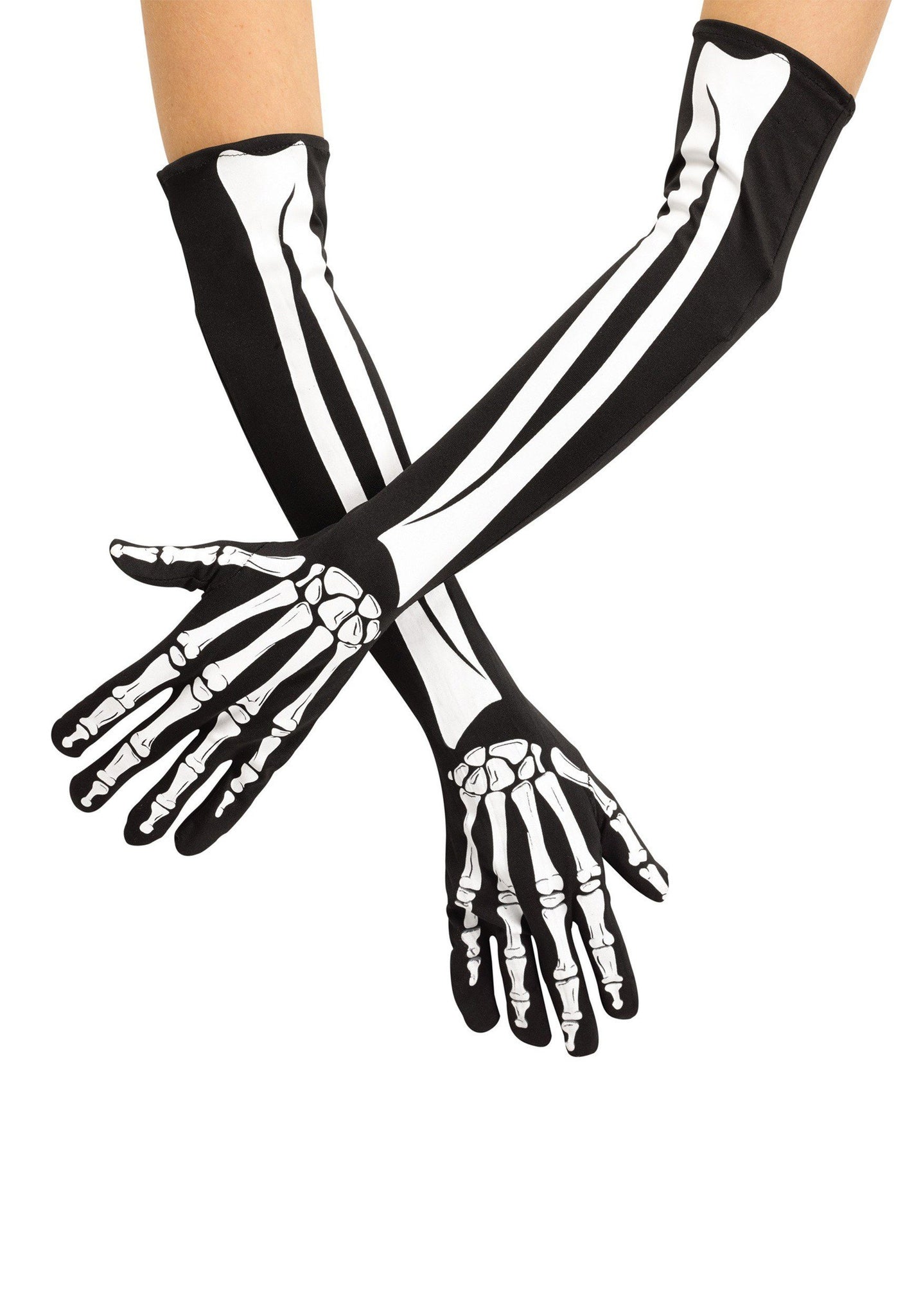 Black gloves with white skeleton bones, elbow length