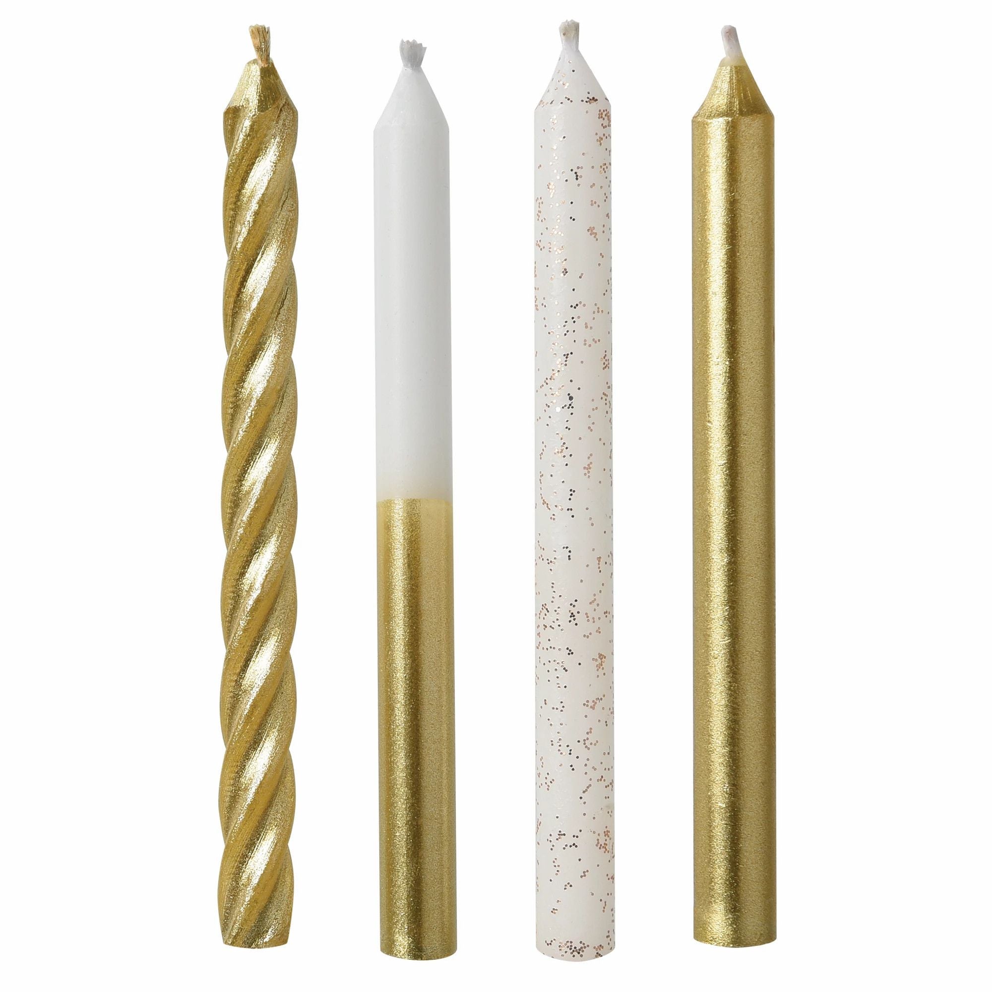 4 designs of gold and white candles