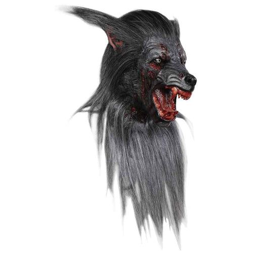 Jaw is open with a snarl and shows bloody teeth
