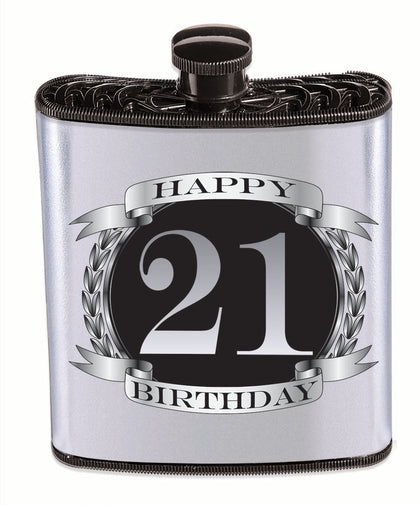 Black and Silver Happy 21 Birthday Flask