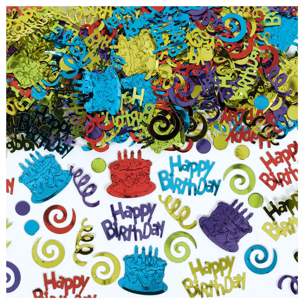 A colorful assortment of confetti with embossed designs including cakes and swirls, with the words 'happy birthday' written in a festive font.