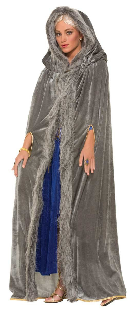 Grey fur trimmed hooded robe with arm slots